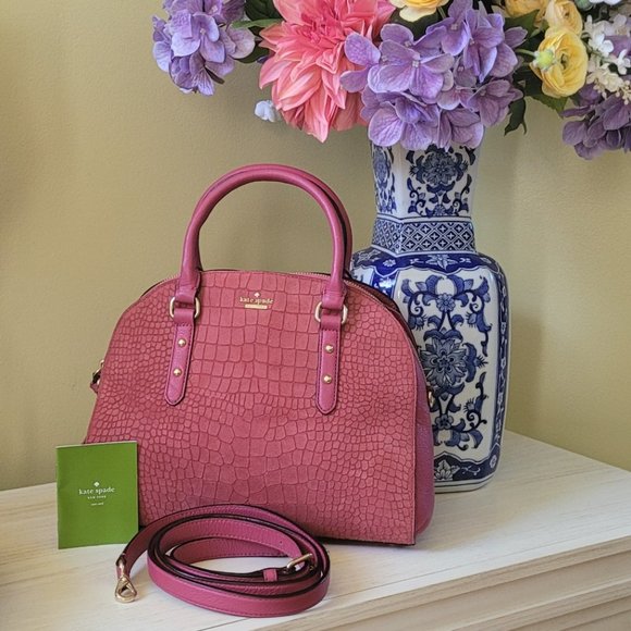 kate spade Handbags - Kate Spade Reiley Larchmont Exotic Cinnabar Croc Embossed Suede Leather Satchel